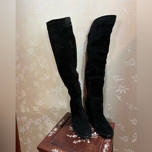 Vince Camuto " Madolee"  Braided Black Suede Tall Block Heel Boots